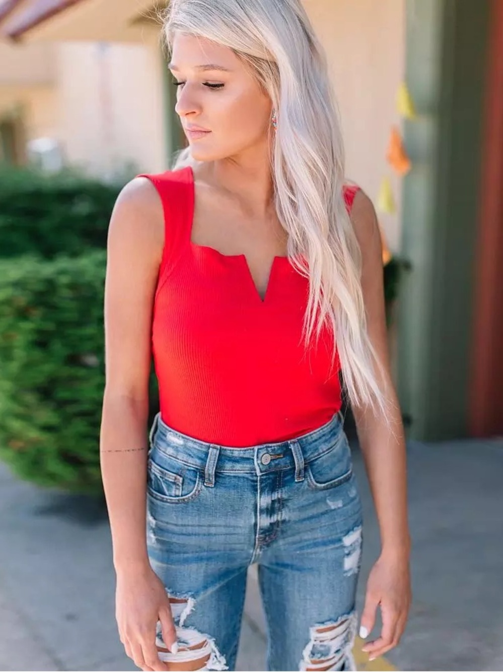 Willow & Root Red Ribbed Tank Top Square Neck Stretch Fitted Medium
